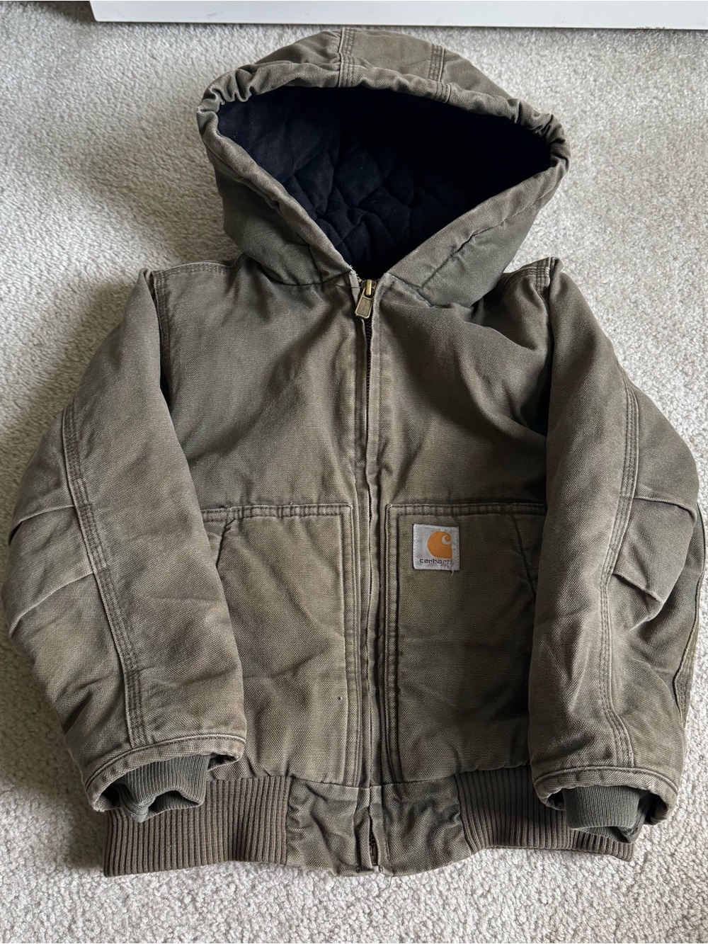Carhartt Boys Green Canvas Hooded Active Jacket Coat XXS 4-5 OJ8545-B Distressed
